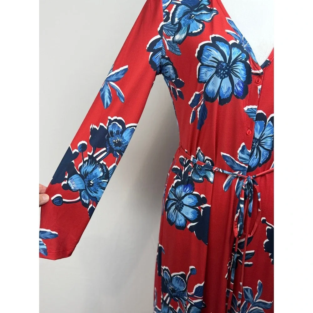 Zara Red Blue Floral Long‎ Sleeve Button Front Midi Dress Small Colorful Boho